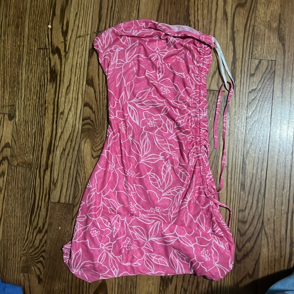 ruched flower strapless bodycon side tie mini dress